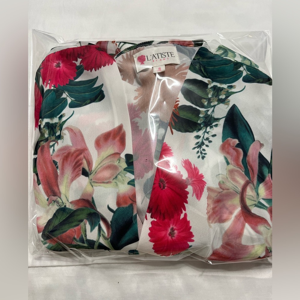 L'ATISTE  BY AMY White Floral V-Neck Midi Dress with Pink & Green BloomsSz XS S
